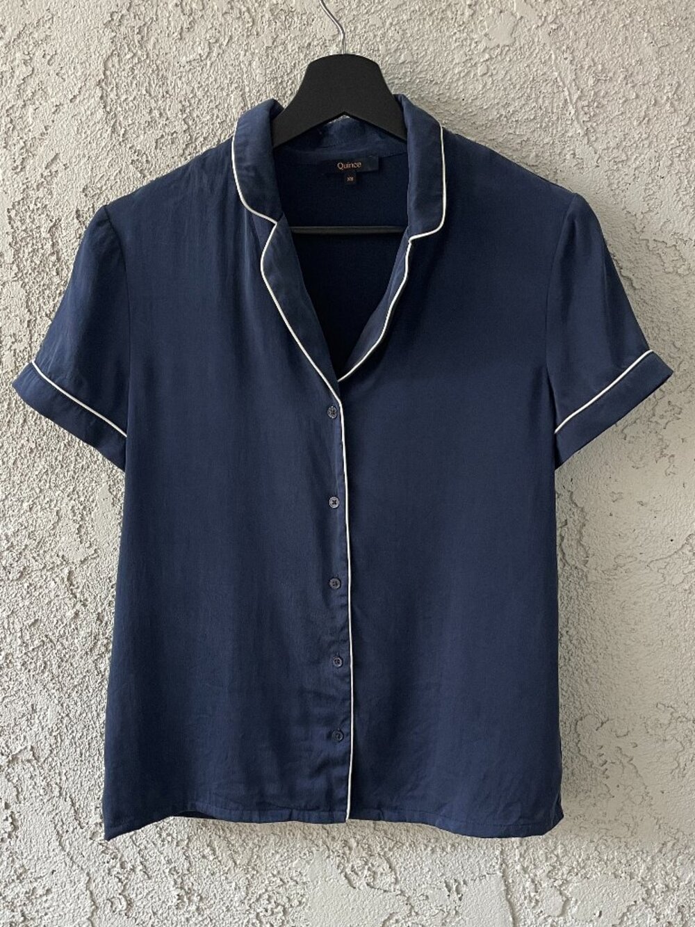 Quince 100% Washable Silk Pajama Top Navy Blue Contrast Piping Size XS